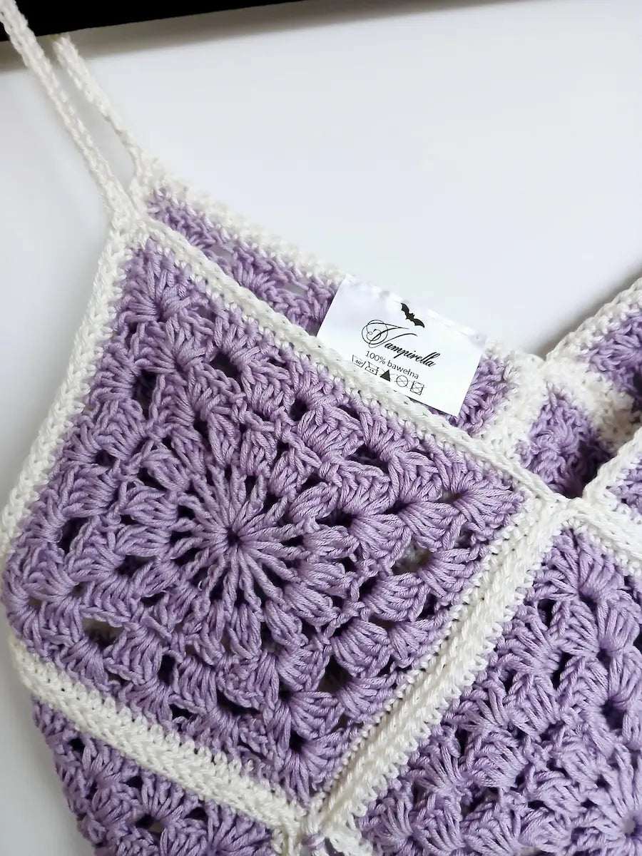 Lavender & White Granny Square Crochet Top — close up detail showing handmade crochet stitch pattern and Vampirella brand label, 100% cotton - Victorian Velvet
