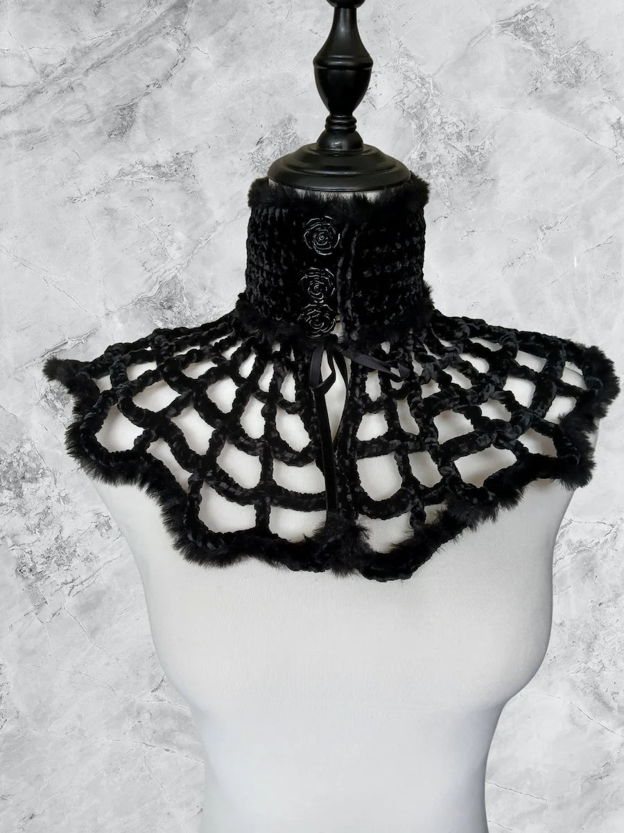 Black fluffy velvet spiderweb crochet collar with three rose buttons and black ribbon, displayed on mannequin bust, grey marble background - Victorian Velvet