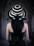 Black and white striped crochet hat with bow, gothic cathedral background, handmade Victorian style - Victorian Velvet