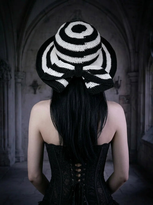 Black and white striped crochet hat with bow, gothic cathedral background, handmade Victorian style - Victorian Velvet