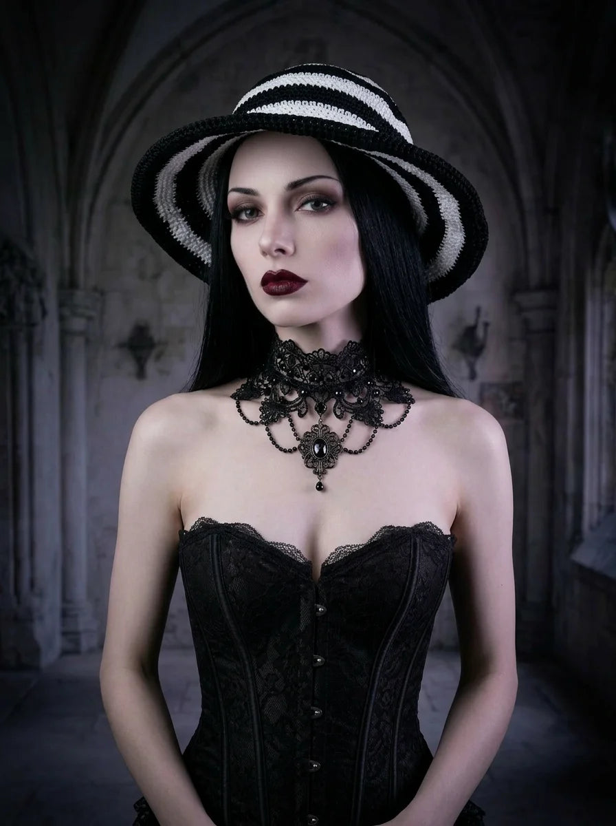 Gothic woman wearing black and white striped crochet hat with choker necklace and black corset, cathedral interior - Victorian Velvet