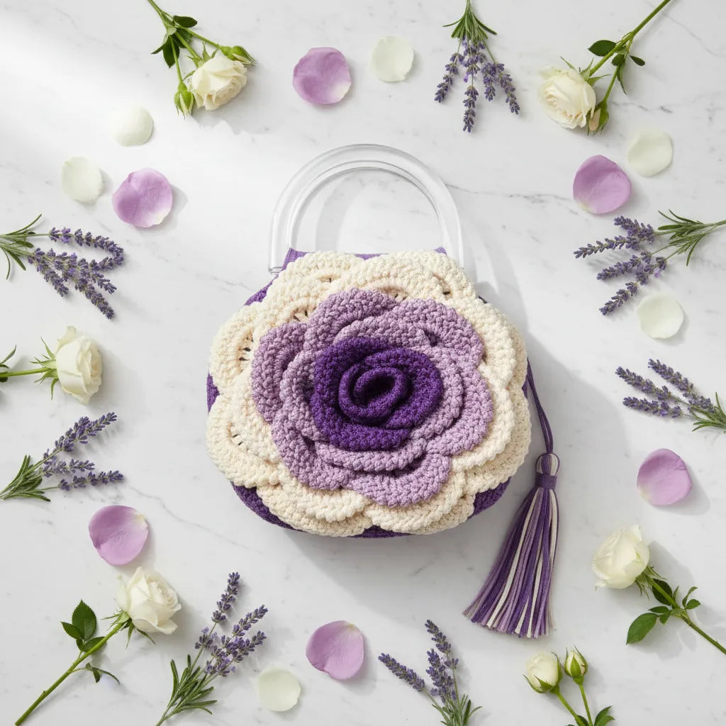 Handmade cream and purple crochet rose handbag with clear acrylic handles and purple tassel, flat lay on white marble surrounded by white roses, lavender sprigs and purple rose petals by Victorian Velvet