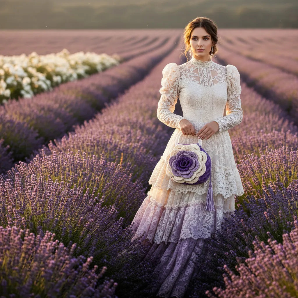 Elegant woman in cream and lavender Victorian lace gown standing in a Provence lavender field, holding a handmade cream and purple crochet rose handbag with clear acrylic handles by Victorian Velvet
