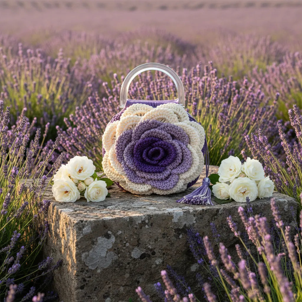 Handmade cream and purple crochet rose handbag with clear acrylic handles and purple tassel, displayed on a stone surface in a Provence lavender field with white roses by Victorian Velvet