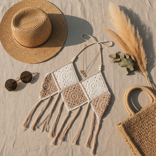 Beige & White Granny Square Crochet Top - Boho Festival Fringe