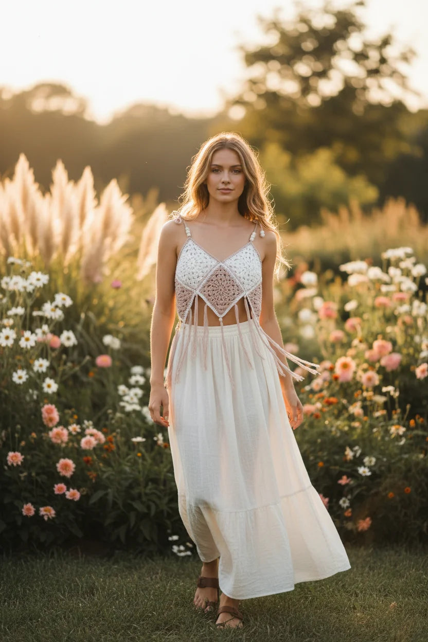 Beige and white crochet granny square crop top — close up detail of handmade crochet pattern, long beige fringe tassels and adjustable beaded straps on model - Victorian Velvet
