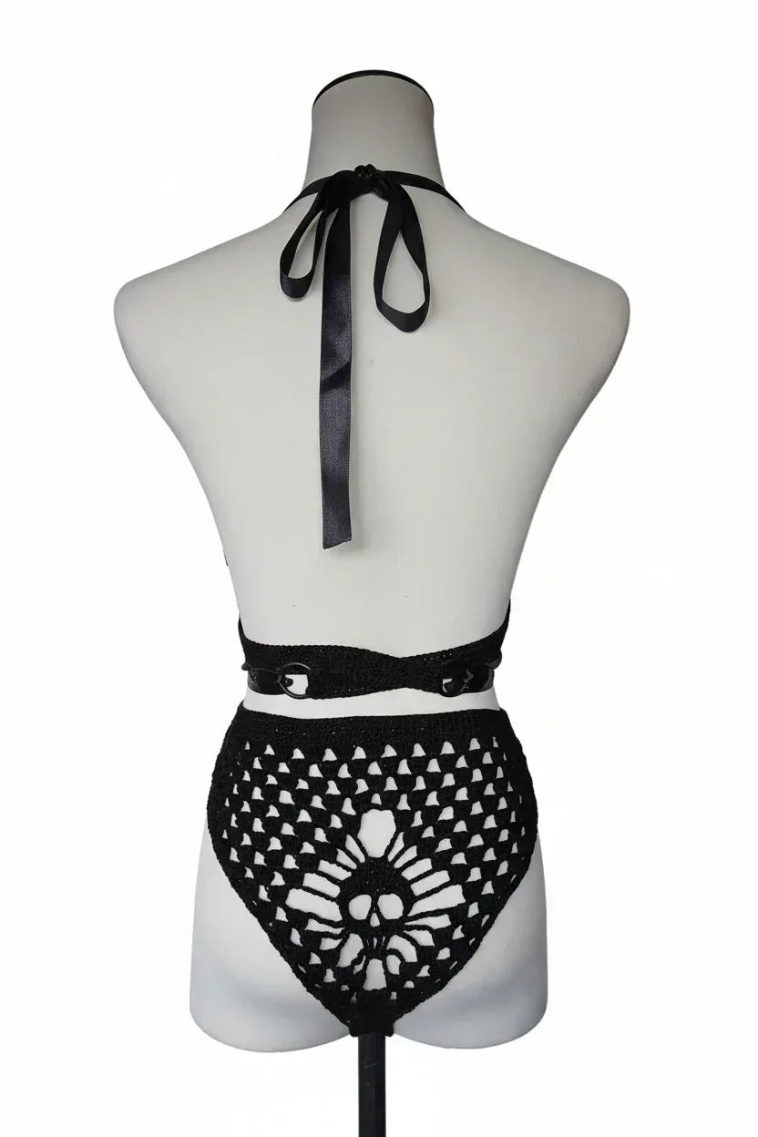 Gothic Crochet Lingerie Set with Skulls and Studs - Victorian Velvet