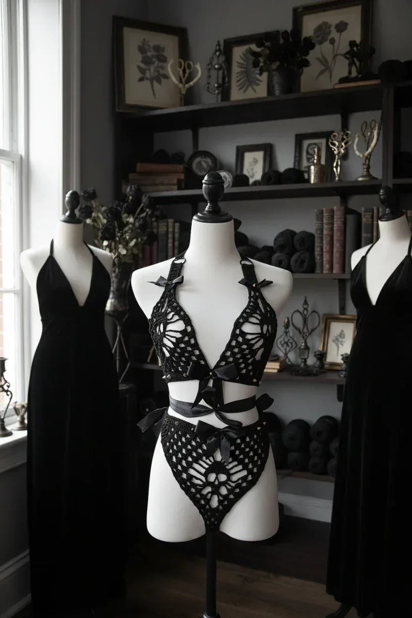 Gothic Crochet Lingerie Set with Skulls and Studs - Victorian Velvet