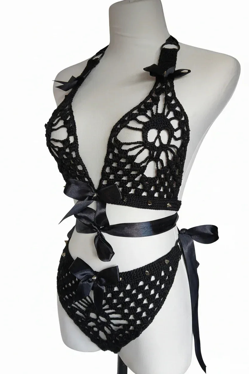 Gothic Crochet Lingerie Set with Skulls and Studs - Victorian Velvet
