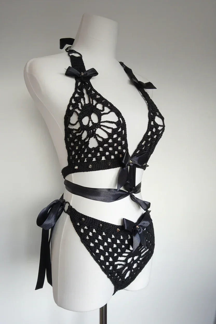 Gothic Crochet Lingerie Set with Skulls and Studs - Victorian Velvet