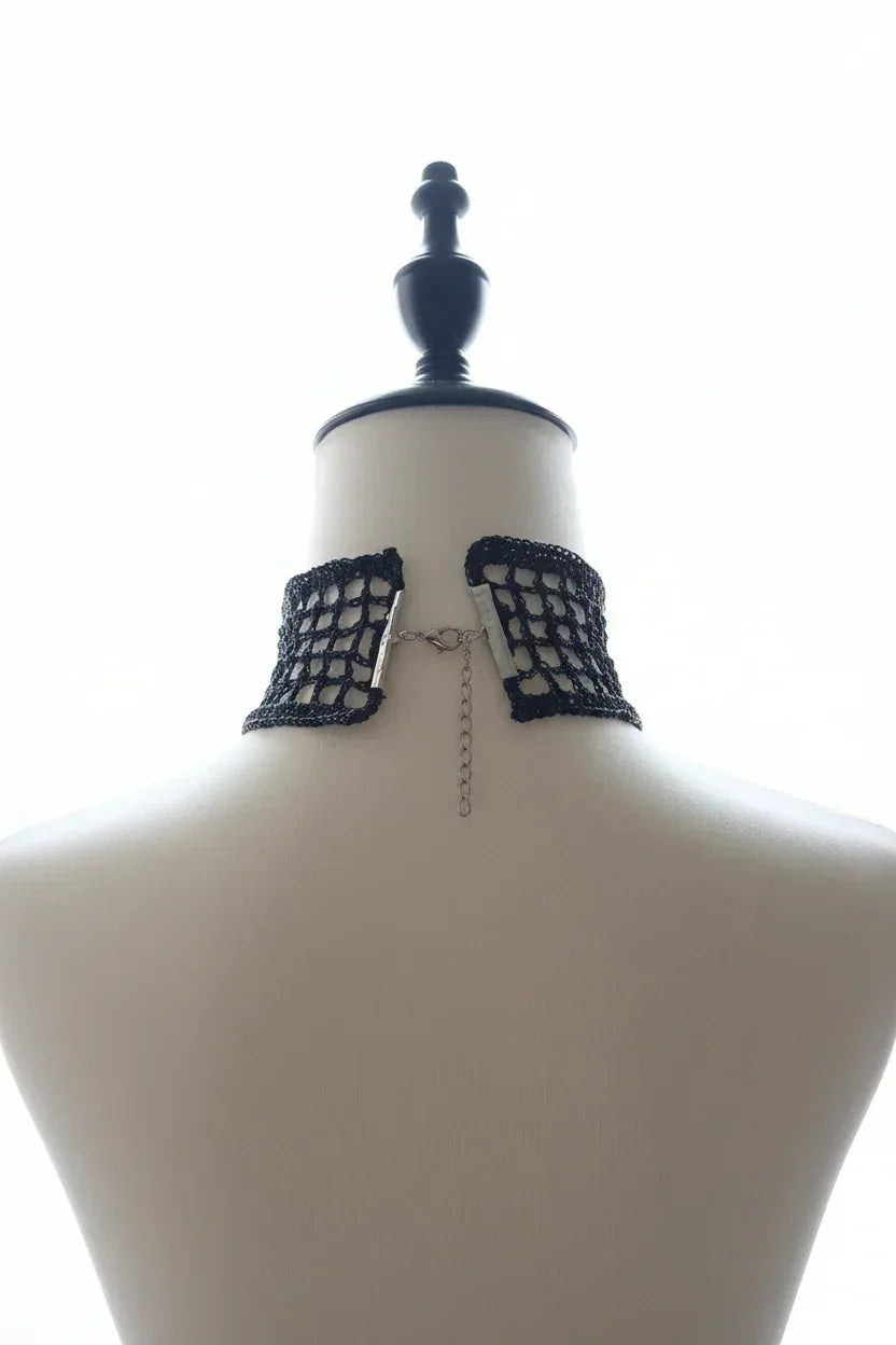 Victorian Jabot with Cameo - Black Crochet Lace - Victorian Velvet