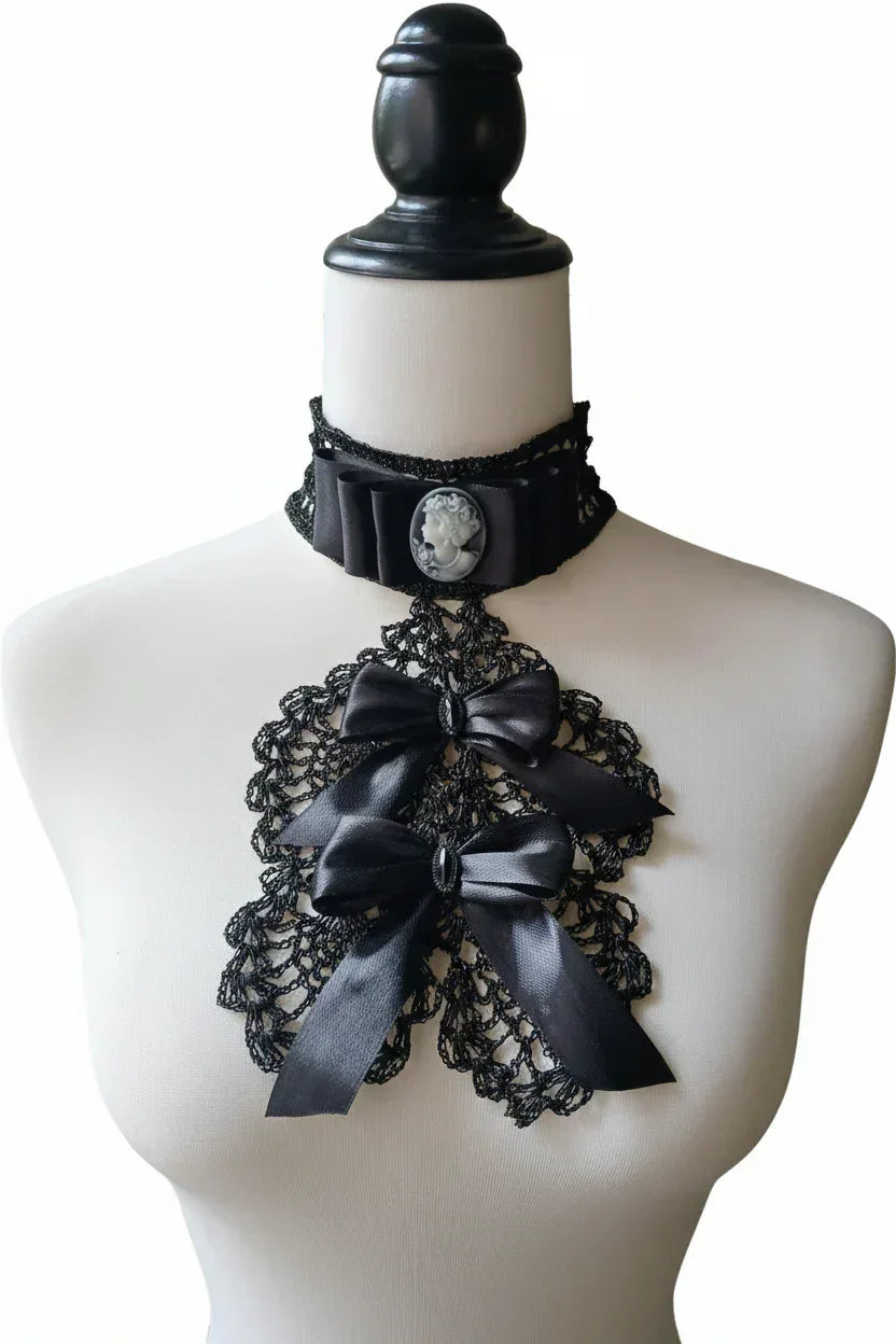 Victorian Jabot with Cameo - Black Crochet Lace - Victorian Velvet