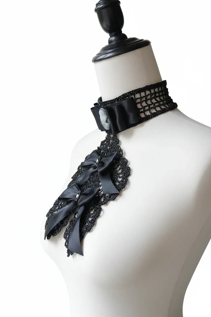 Victorian Jabot with Cameo - Black Crochet Lace - Victorian Velvet