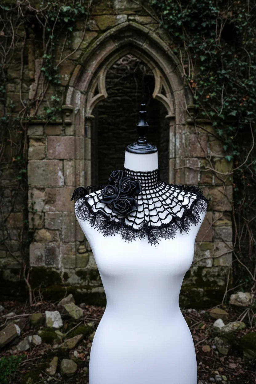 Black crochet spider web collar with black roses and gothic lace trim on a dress form mannequin in gothic stone ruins - Victorian Velvet