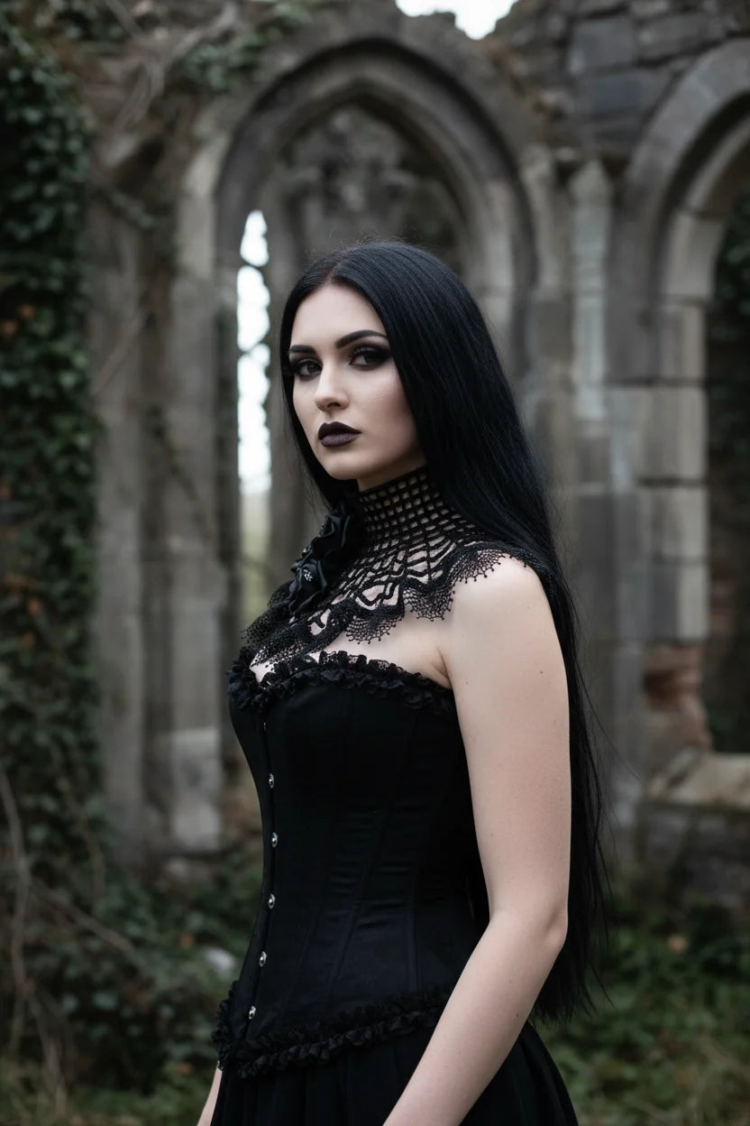 Three-quarter view of a woman in a black crochet spider web collar with black roses and gothic lace over a black corset in gothic stone ruins - Victorian Velvet