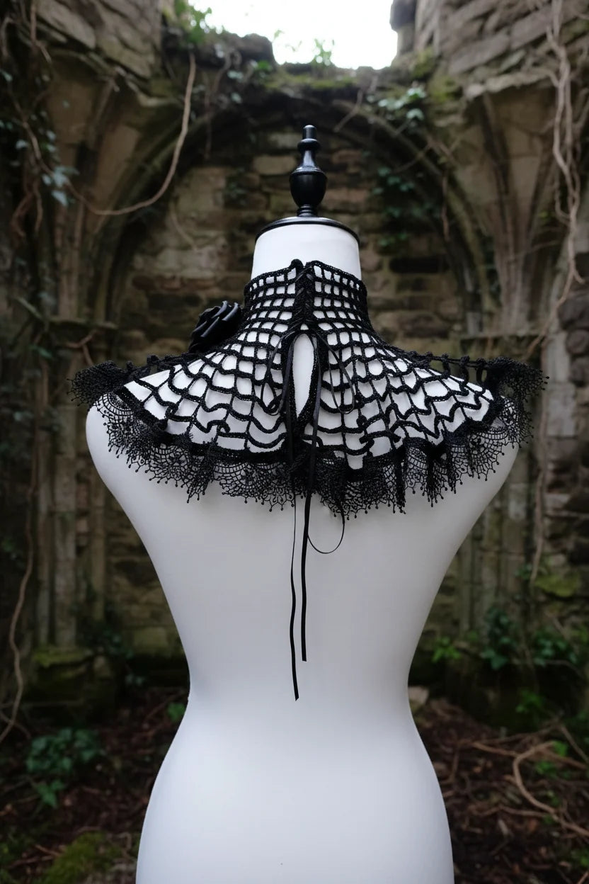 Back view of black crochet spider web collar with lace-up ribbon ties on a dress form mannequin in gothic stone ruins - Victorian Velvet