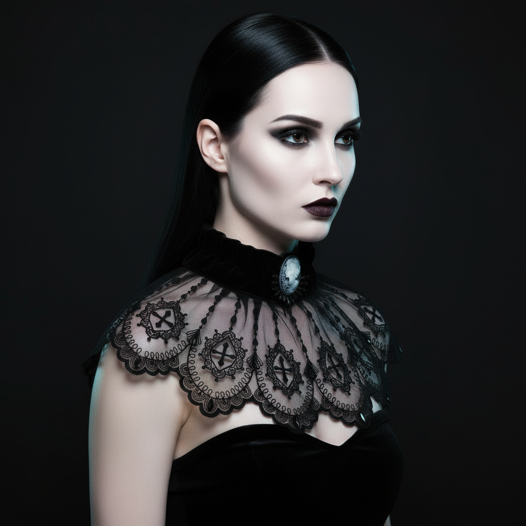 Side portrait of a model wearing the Victorian Velvet black lace cameo collar