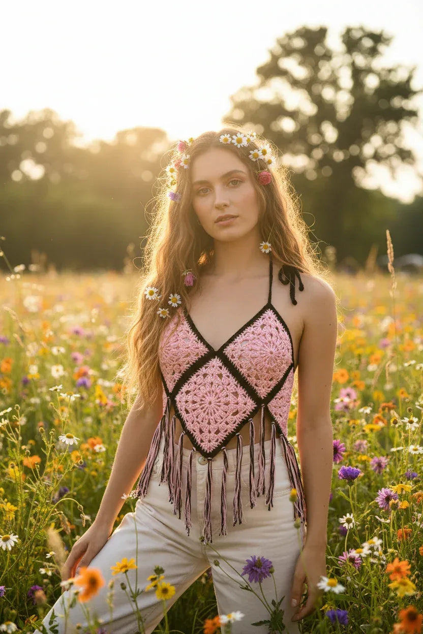 Pink & Black Granny Square Crochet Top - Boho Festival Fringe - Victorian Velvet