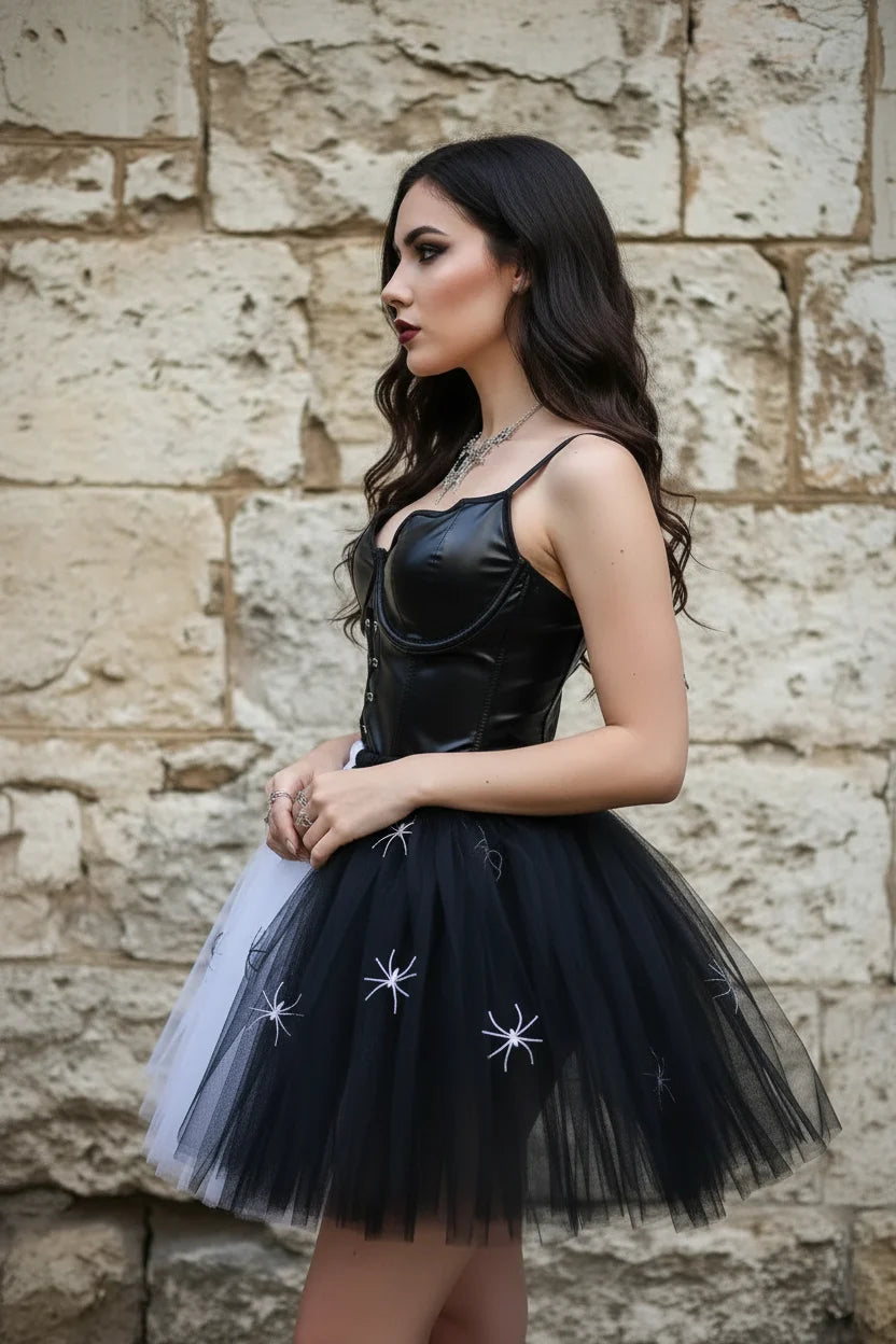 Black and white two-tone tulle skirt with spider decorations, worn with black faux leather corset top, side view showing black tulle panel, gothic fashion editorial, Victorian Velvet