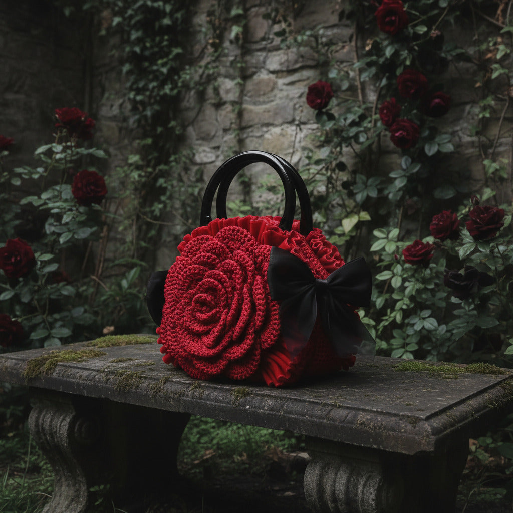 Handmade red crochet rose handbag with black bow and black handles, placed on a mossy stone bench in a gothic garden with dark red roses - Victorian Velvet