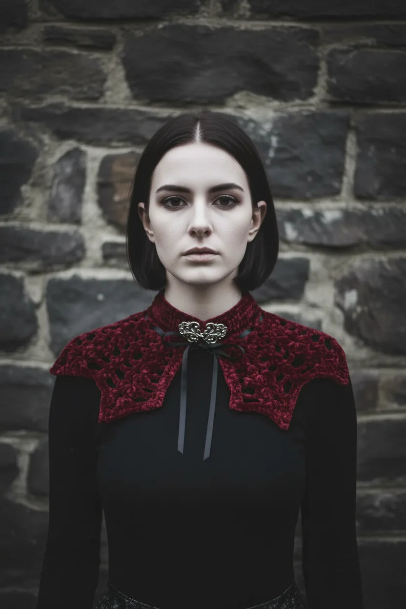 Pale gothic woman with short dark bob hair wearing a deep burgundy velour crochet bat wing collar with silver baroque brooch and black satin ribbon, standing against grey stone wall, gothic fashion editorial - Victorian Velvet