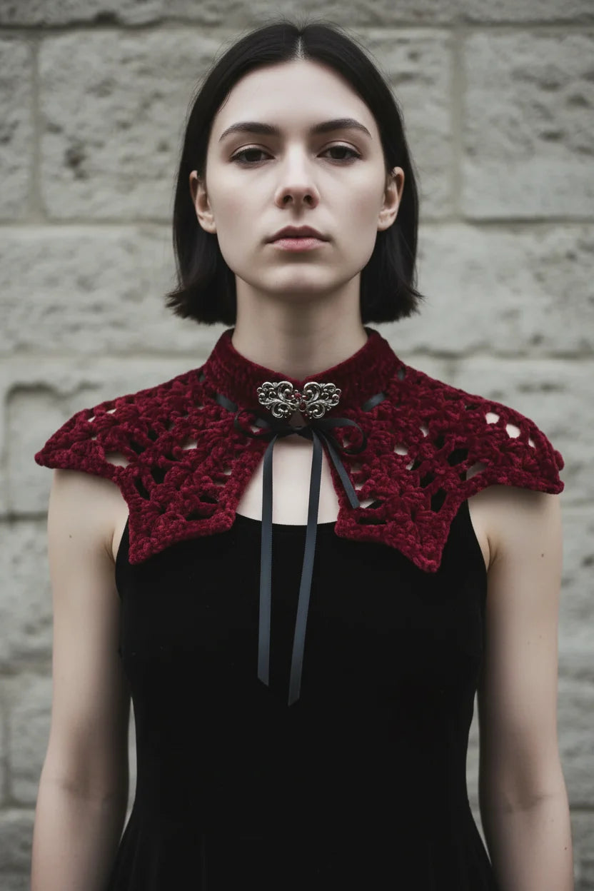 Close-up of a deep burgundy velour crochet bat wing collar with open lace pattern, silver baroque brooch and black satin ribbon tie, worn over black sleeveless dress against grey stone wall - Victorian Velvet