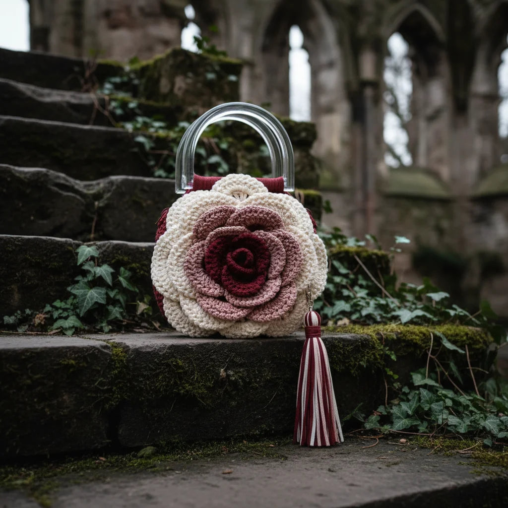 Front view of a handmade cream crochet rose-shaped handbag with dusty rose and deep burgundy center, clear acrylic arch handle and striped burgundy tassel, placed on mossy gothic stone steps with ruins in the background - Victorian Velvet
