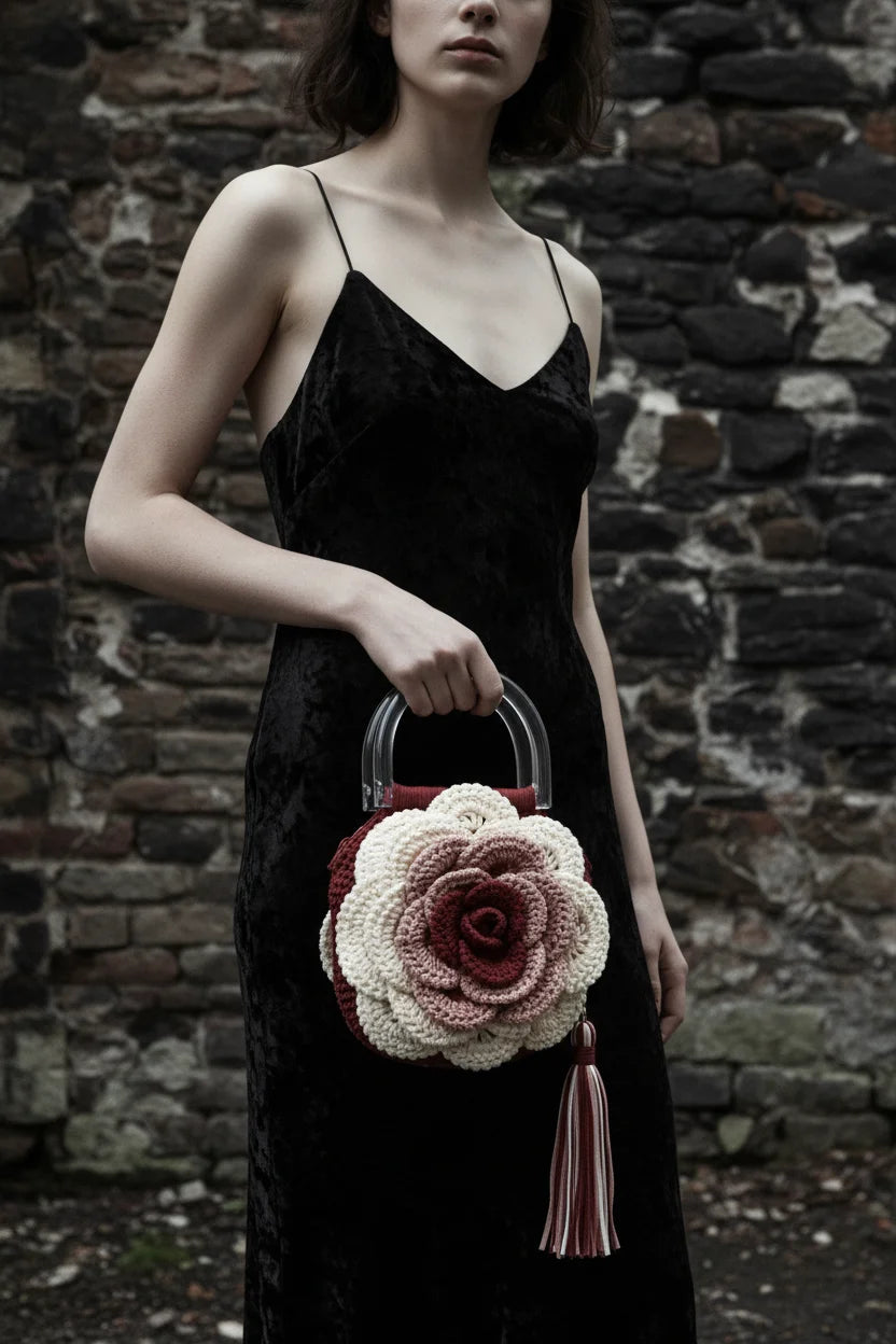 Woman in black velvet slip dress holding a cream and burgundy crochet rose handbag with clear acrylic handle and striped tassel, standing against a rough dark stone wall, gothic fashion editorial - Victorian Velvet