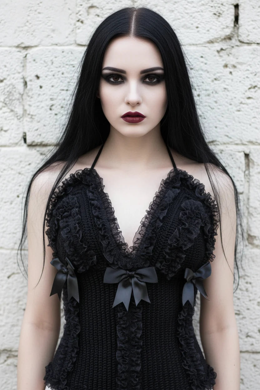 Cathedral Lace Corset – pale gothic model with long dark hair wearing black handmade crochet halter corset with lace ruffles and satin bows, front view, white stone wall background - Victorian Velvet