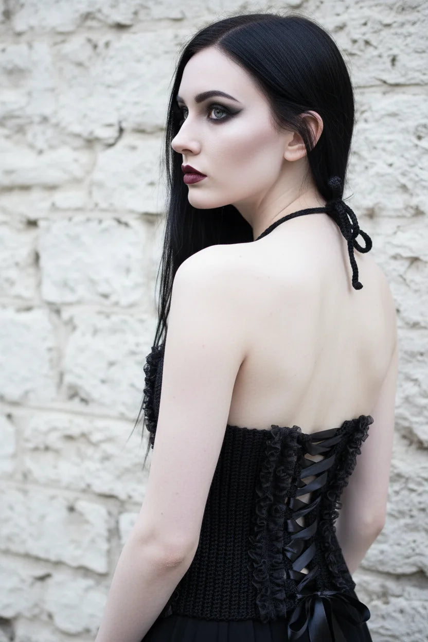 Cathedral Lace Corset – pale gothic model with long dark hair, back view showing satin lace-up closure and black lace ruffles, face turned over shoulder, white stone wall background - Victorian Velvet
