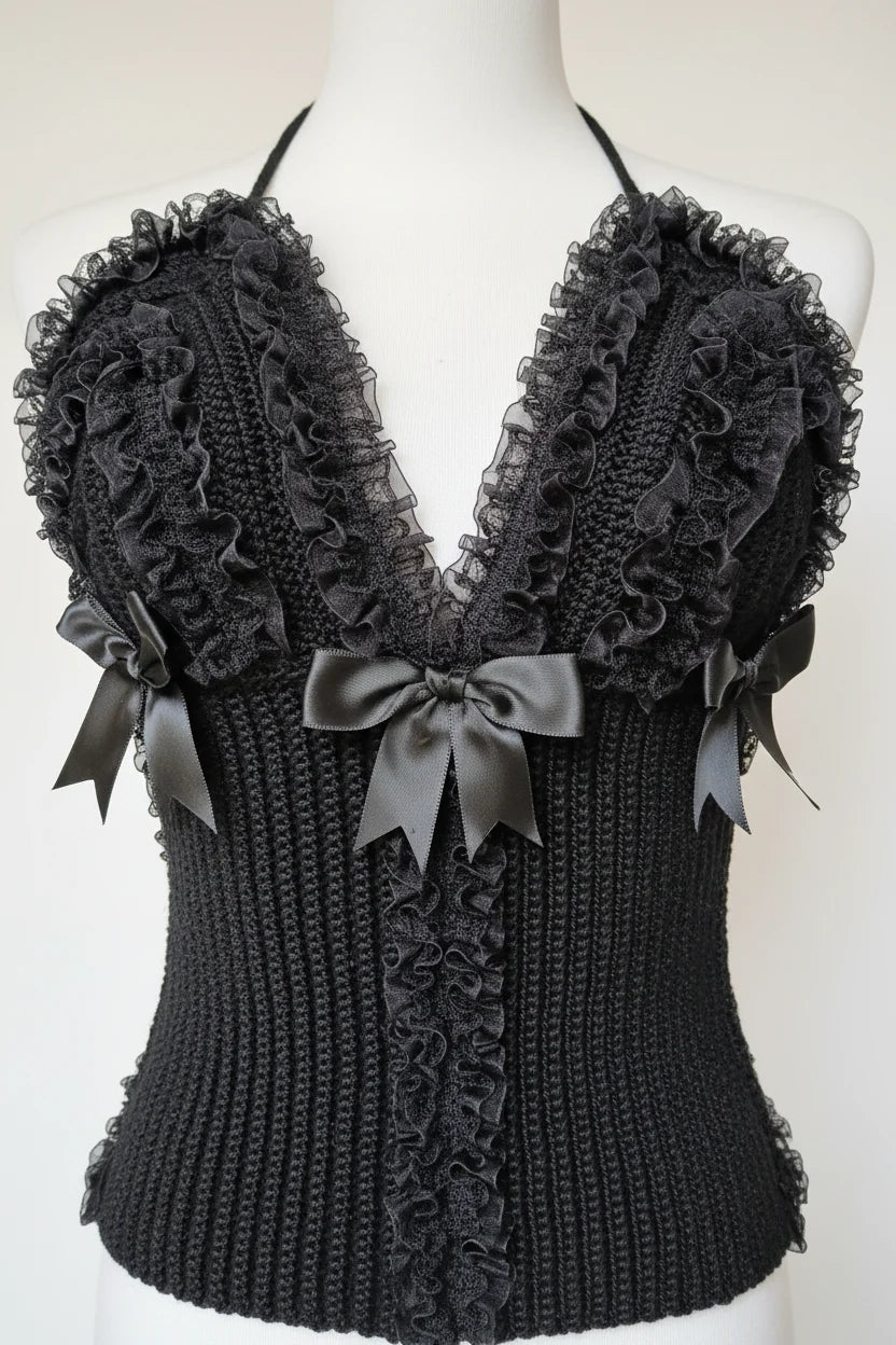 Close-up front view of a black crochet halter corset top with deep V-neckline, voluminous black lace ruffles, three satin bows at the center and sides, displayed on a white dress form against a white background - Victorian Velvet