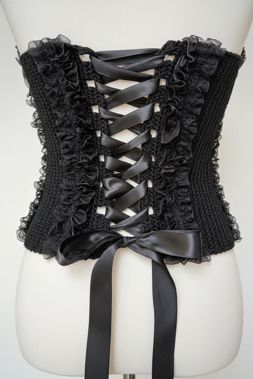 Back view of a black crochet halter corset with criss-cross satin ribbon lace-up closure and black lace ruffles on the sides, displayed on a white dress form - Victorian Velvet