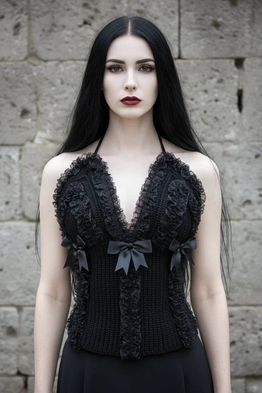Cathedral Lace Corset – front view, pale gothic woman with long black hair and dark red lips, black handmade crochet halter corset with gathered lace and satin bows, stone wall background - Victorian Velvet