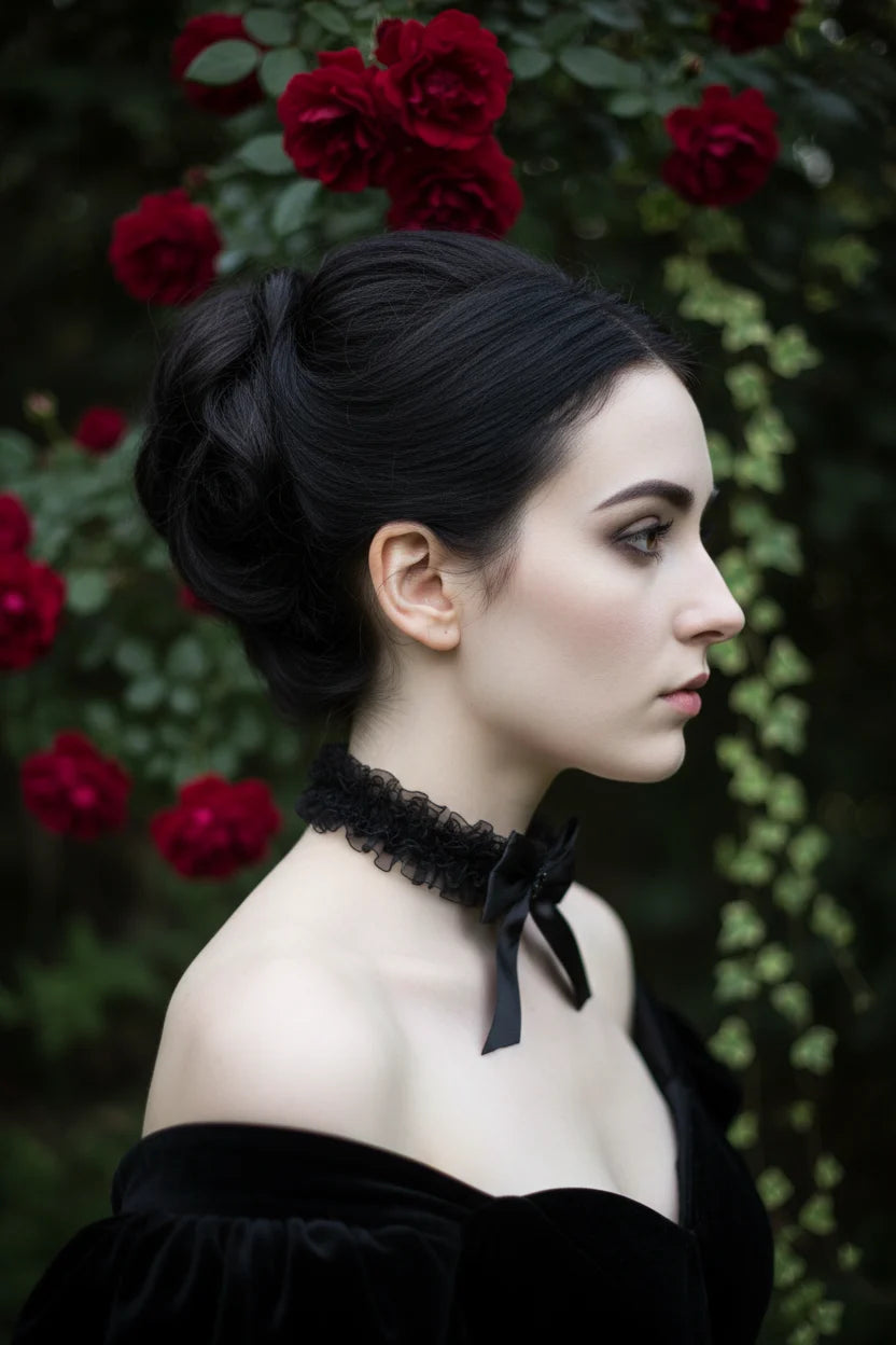 Gothic woman with dark hair in elegant updo wearing black organza ruffle choker with satin bow, side profile view, red roses garden background, Victorian Velvet