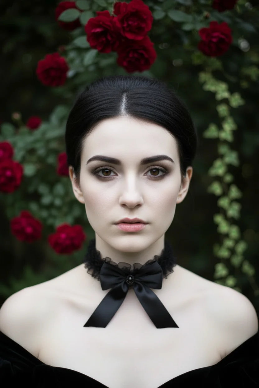 Gothic woman with dark hair in elegant updo wearing black organza ruffle choker with satin bow, front view, red roses and ivy garden background, Victorian Velvet handmade


