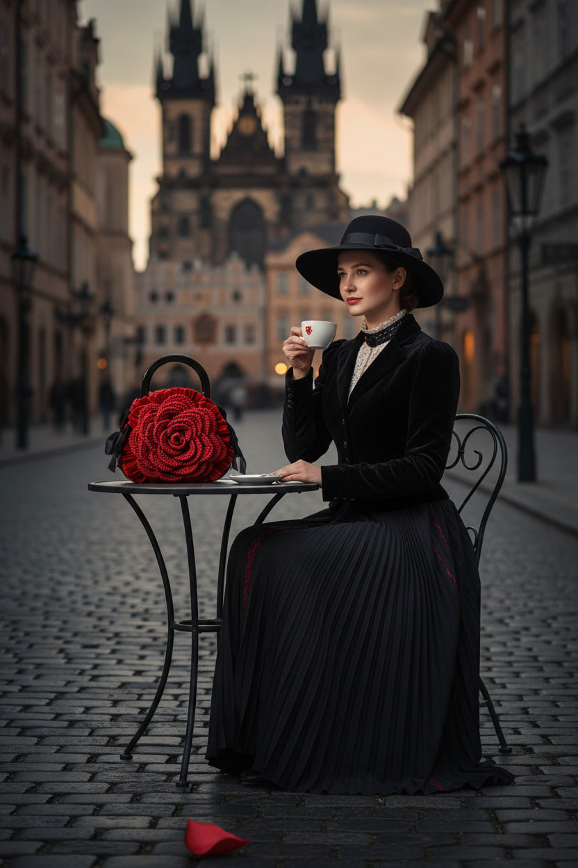 Elegant woman in black Victorian dress and wide-brim hat sitting at a café table in Prague, with a handmade red crochet rose handbag by Victorian Velvet