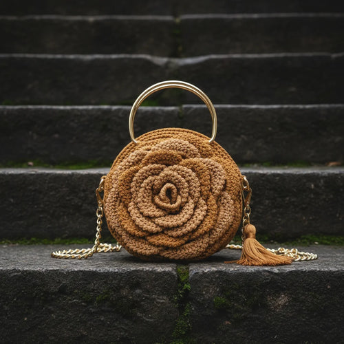 Front view of a handmade caramel gold crochet rose-shaped handbag with gold metal ring handle, gold chain strap and gold tassel, placed on rough dark stone steps, gothic castle atmosphere - Victorian Velvet