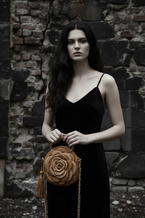 Woman in black velvet slip dress holding a caramel gold crochet rose handbag with gold ring handle and chain strap against a rough dark stone wall, gothic fashion editorial - Victorian Velvet