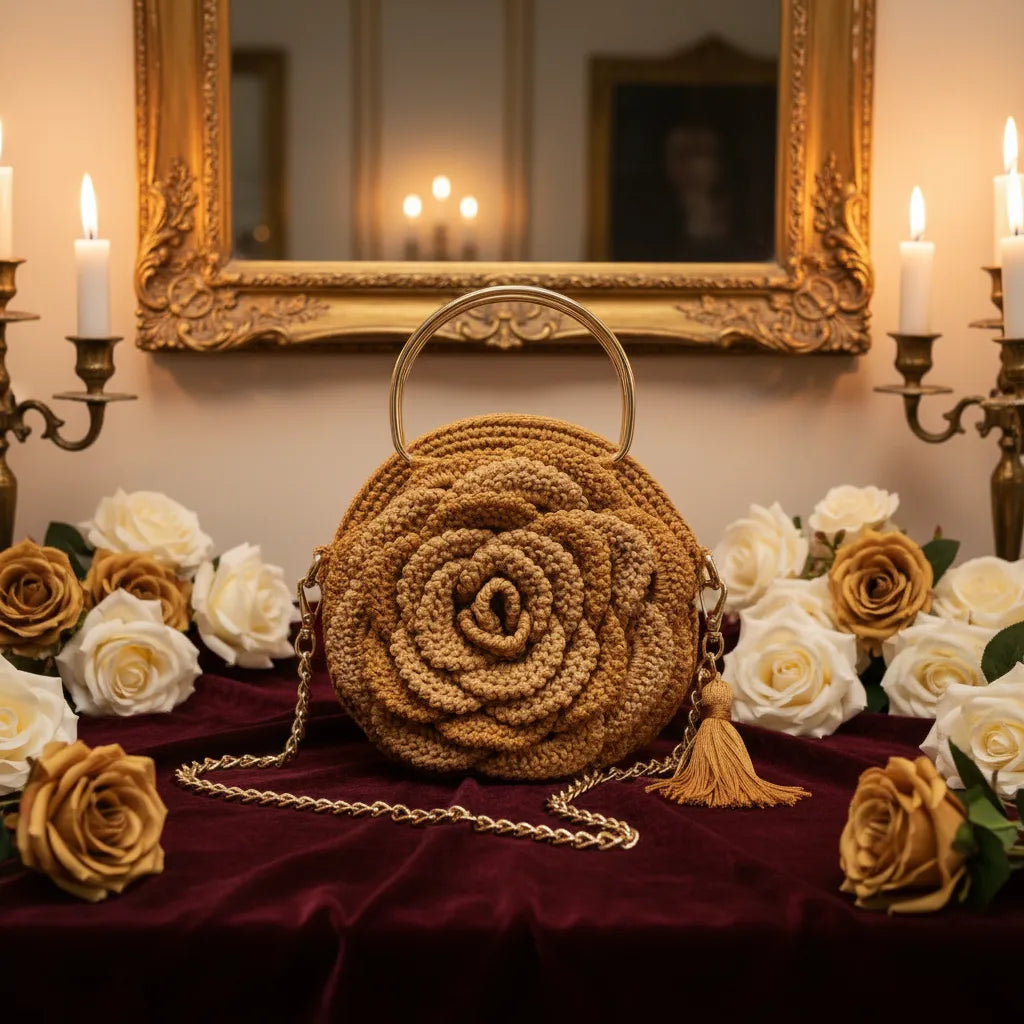 Handmade golden crochet rose handbag with gold ring handle, gold chain strap and golden tassel, displayed on dark burgundy velvet surrounded by white and golden roses, antique gold mirror and candelabras in the background by Victorian Velvet