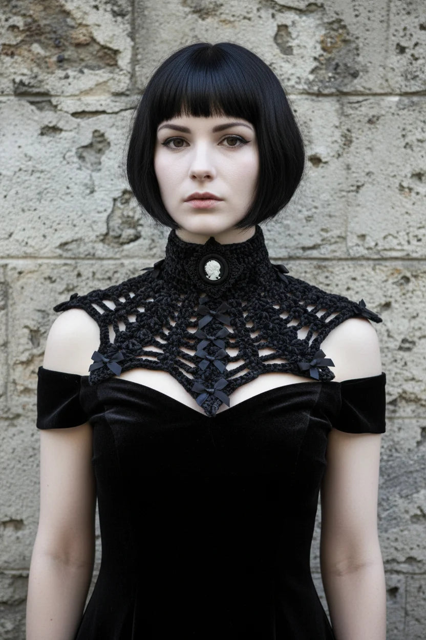Front view of a pale gothic woman with short dark black bob hair with fringe wearing a black chunky velour chenille crochet collar capelet with high turtleneck band, large oval black cameo brooch with white Victorian lady silhouette profile at center front, wide bat wing shaped open spider web mesh crochet panel with small black satin ribbon bows at yarn intersections, worn over a black off-shoulder velvet dress, grey stone wall background - Victorian Velvet