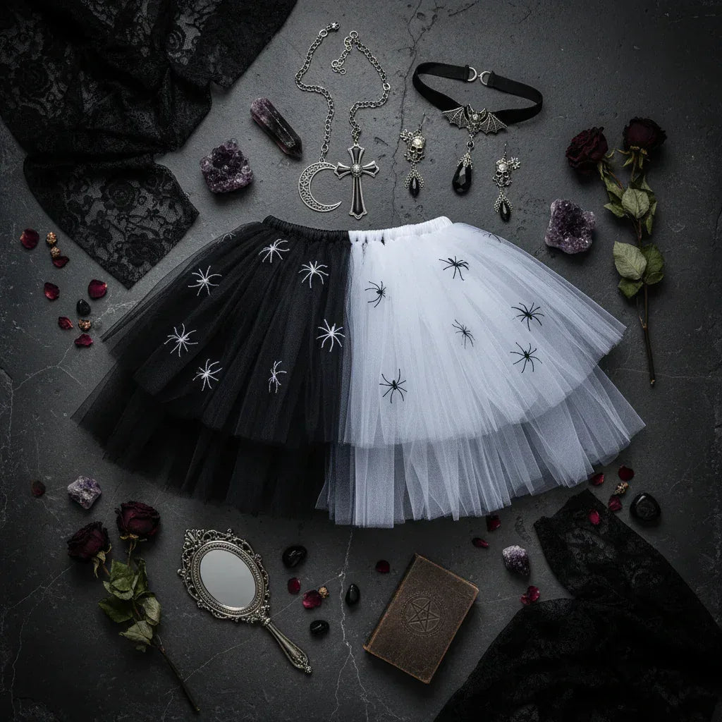 Gothic Two-Tone Tulle Skirt with Spiders - Victorian Velvet