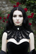 Gothic Collar — Portrait of a Lady, model in romantic garden with red roses, close-up on collar and cameo - Victorian Velvet