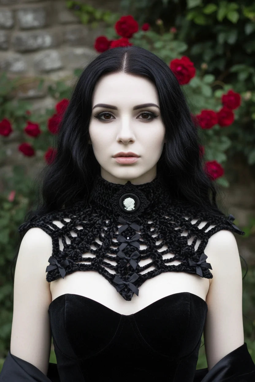 Gothic Collar — Portrait of a Lady, model in romantic garden with red roses, close-up on collar and cameo - Victorian Velvet