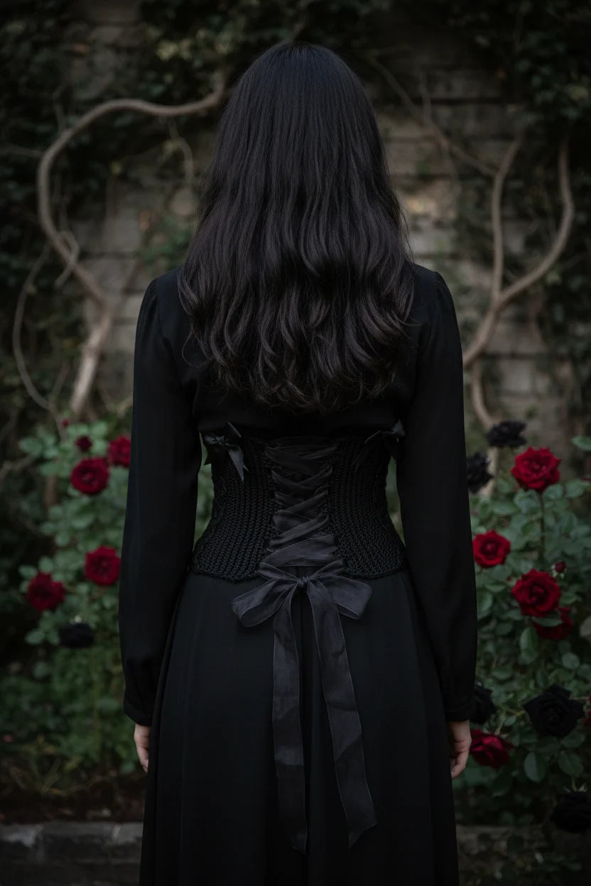 Gothic Lace Corset Belt The Dark Duchess — back view showing satin ribbon lacing and large organza bow, model with long dark wavy hair, gothic garden with red roses and ivy wall - Victorian Velvet