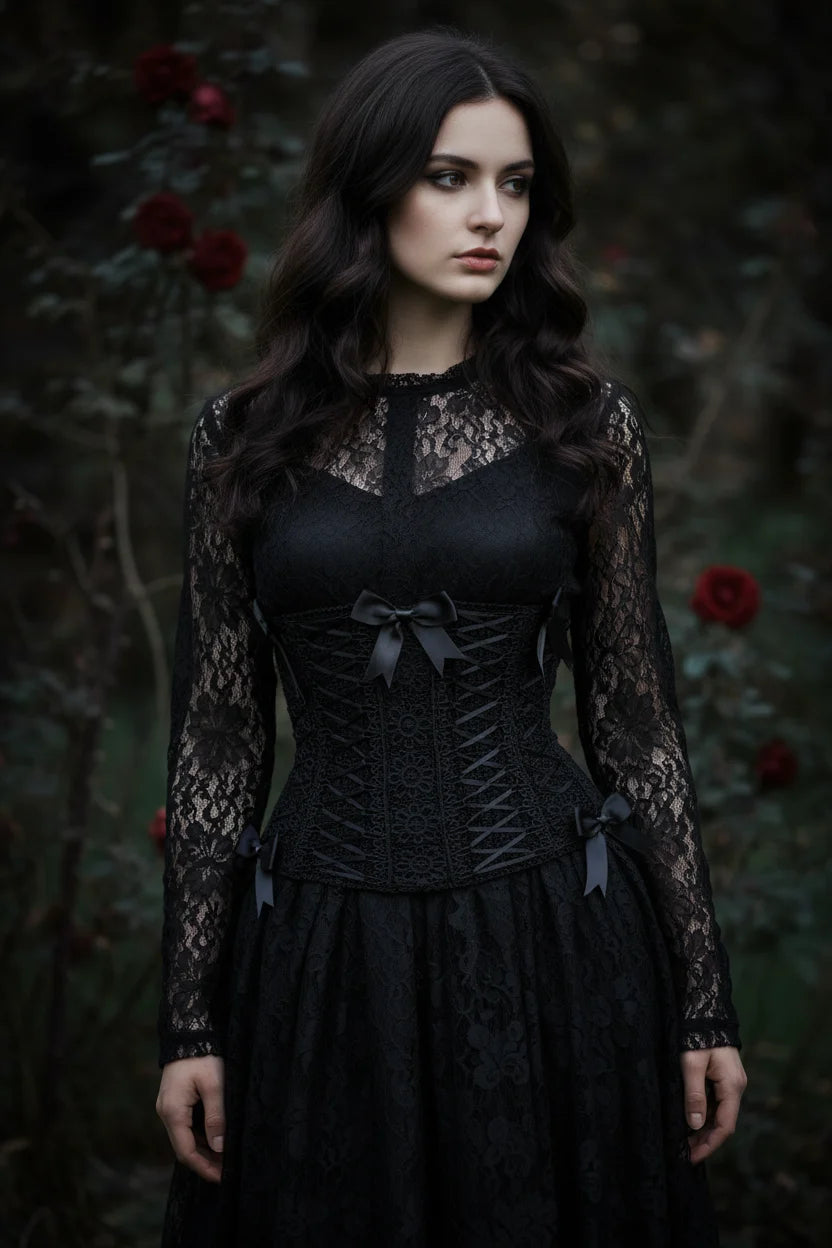 Gothic Lace Corset Belt The Dark Duchess — front view, model with long dark wavy hair wearing black handmade crochet corset over black lace top and black skirt, dark gothic garden with red roses in background - Victorian Velvet