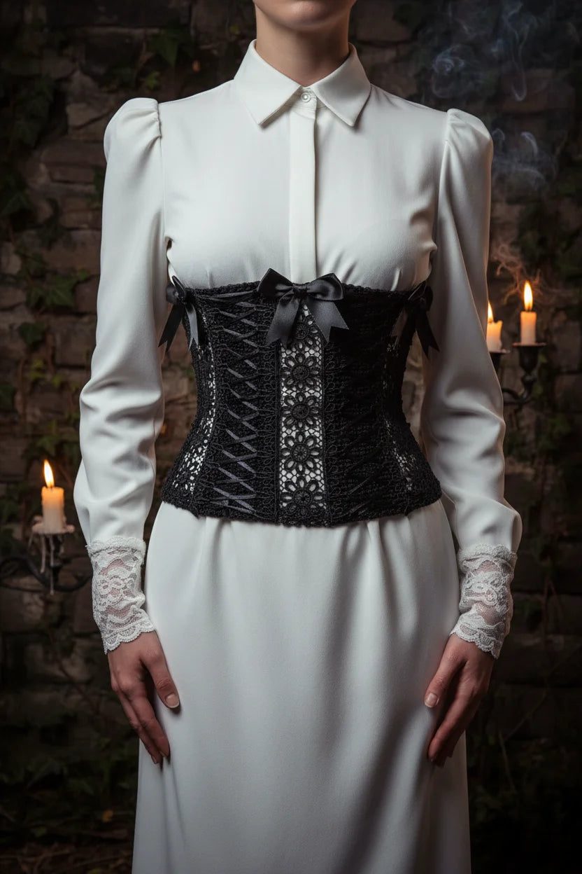 Gothic Lace Corset Belt The Dark Duchess — front view, model in white Victorian shirt and black crochet corset belt with guipure lace and satin ribbon lacing, dark gothic stone wall with candlelight - Victorian Velvet