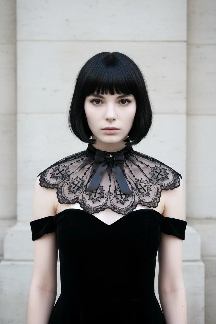 Pale gothic woman with short dark bob hair wearing a black sheer tulle lace collar capelet with embroidered gothic cross motifs, scalloped lace edges and black crystal brooch at center front, worn over a black off-shoulder velvet dress against grey stone wall - Victorian Velvet