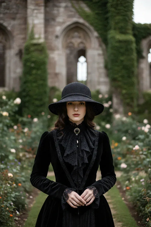 Elegant Gothic Hat with Bow - Black Crochet - Victorian Velvet