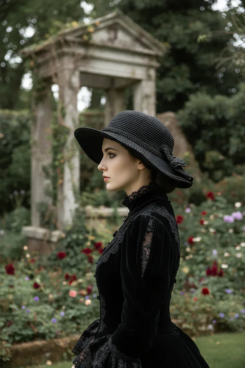 Elegant Gothic Hat with Bow - Black Crochet - Victorian Velvet