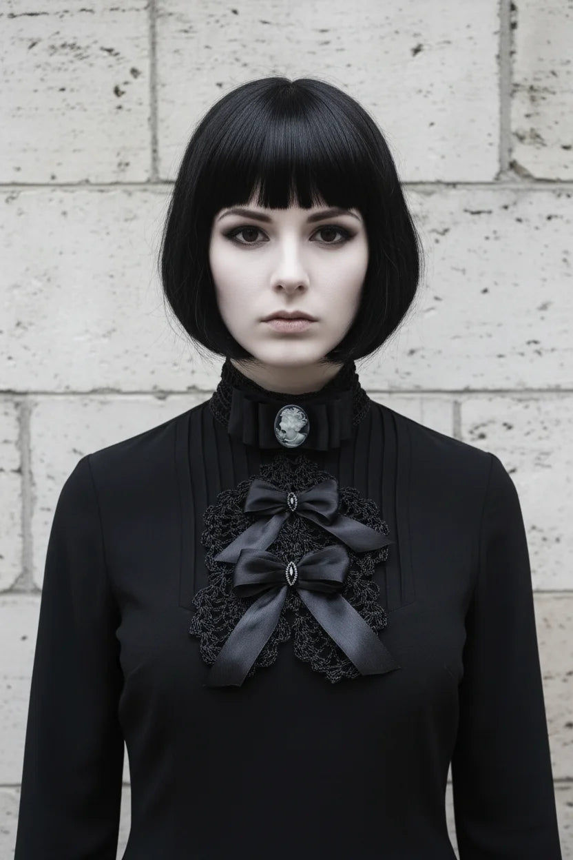 Pale gothic woman with short dark bob hair wearing a black Victorian jabot with grey cameo brooch, black crochet lace bib and two black satin bows with crystal brooches, worn over a black turtleneck dress, grey stone wall background - Victorian Velvet